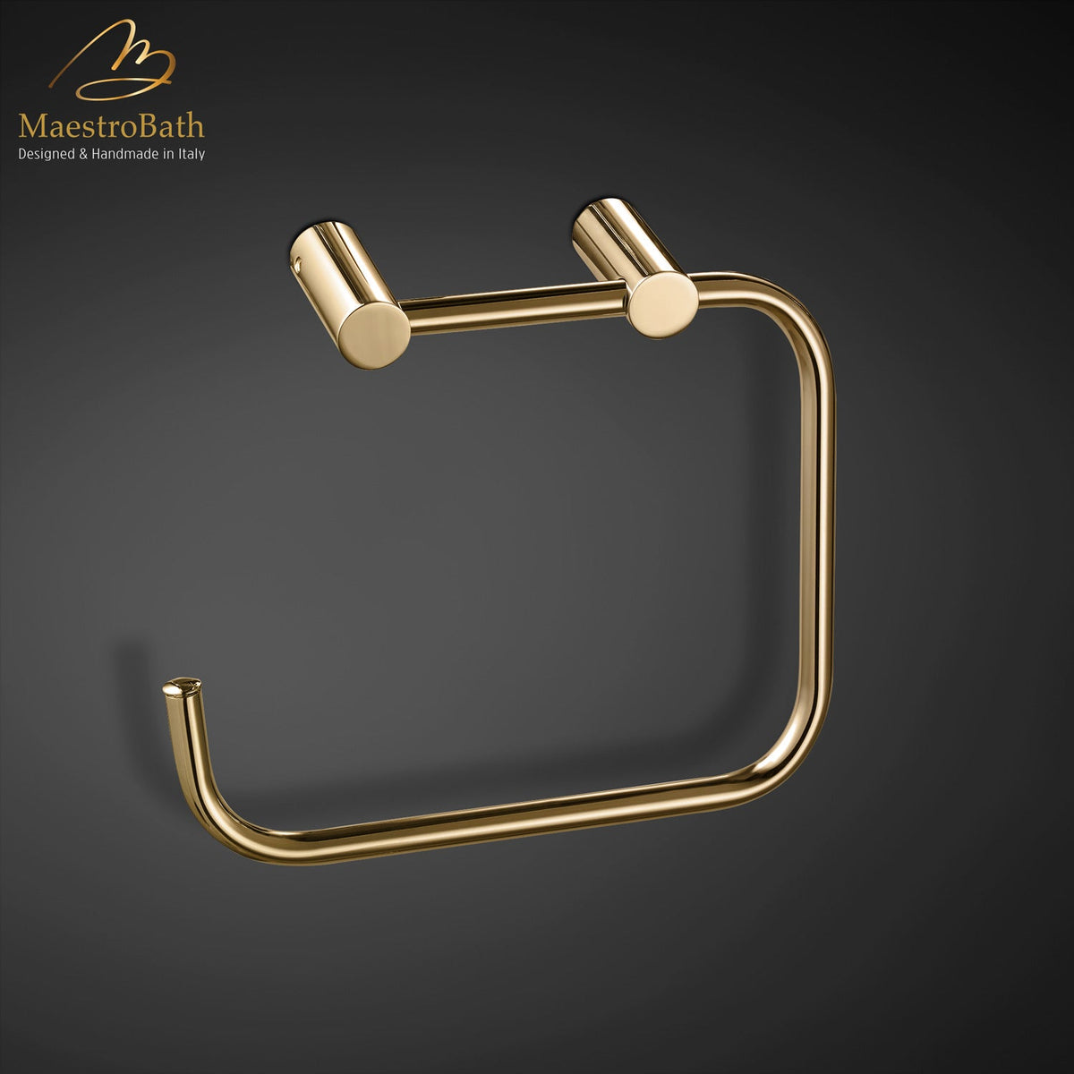Wall mounted brass towel ring, shown in polished gold, 7.6 inch by 5.7 inch by 2.9 inch, made of solid brass