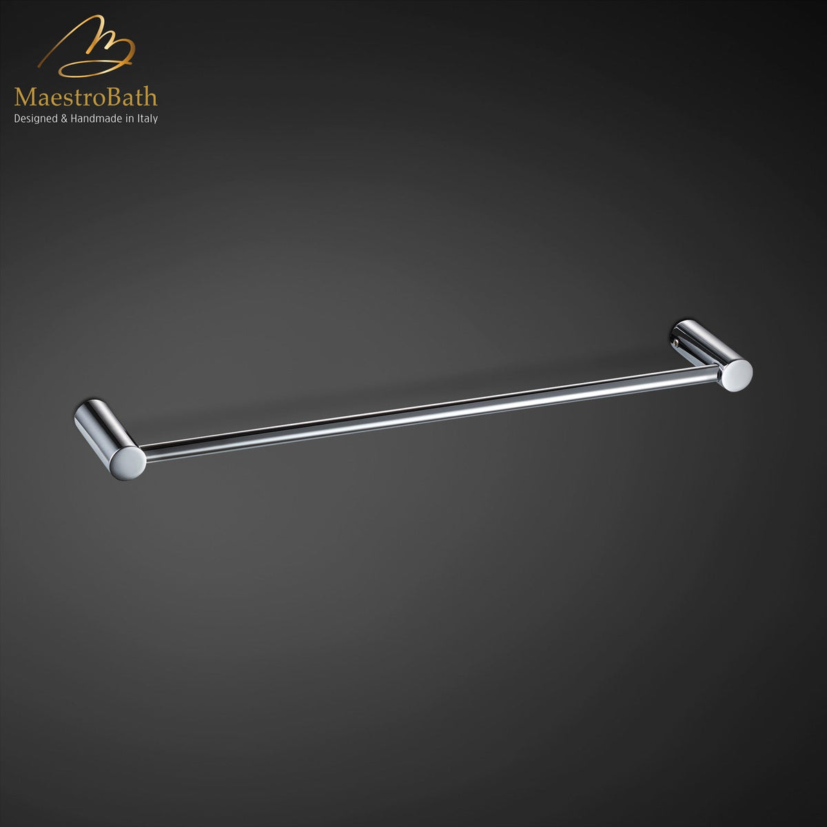 Wall mounted brass towel bar, shown in polished chrome, 15 inch long and 2.3 inch deep, made of solid brass