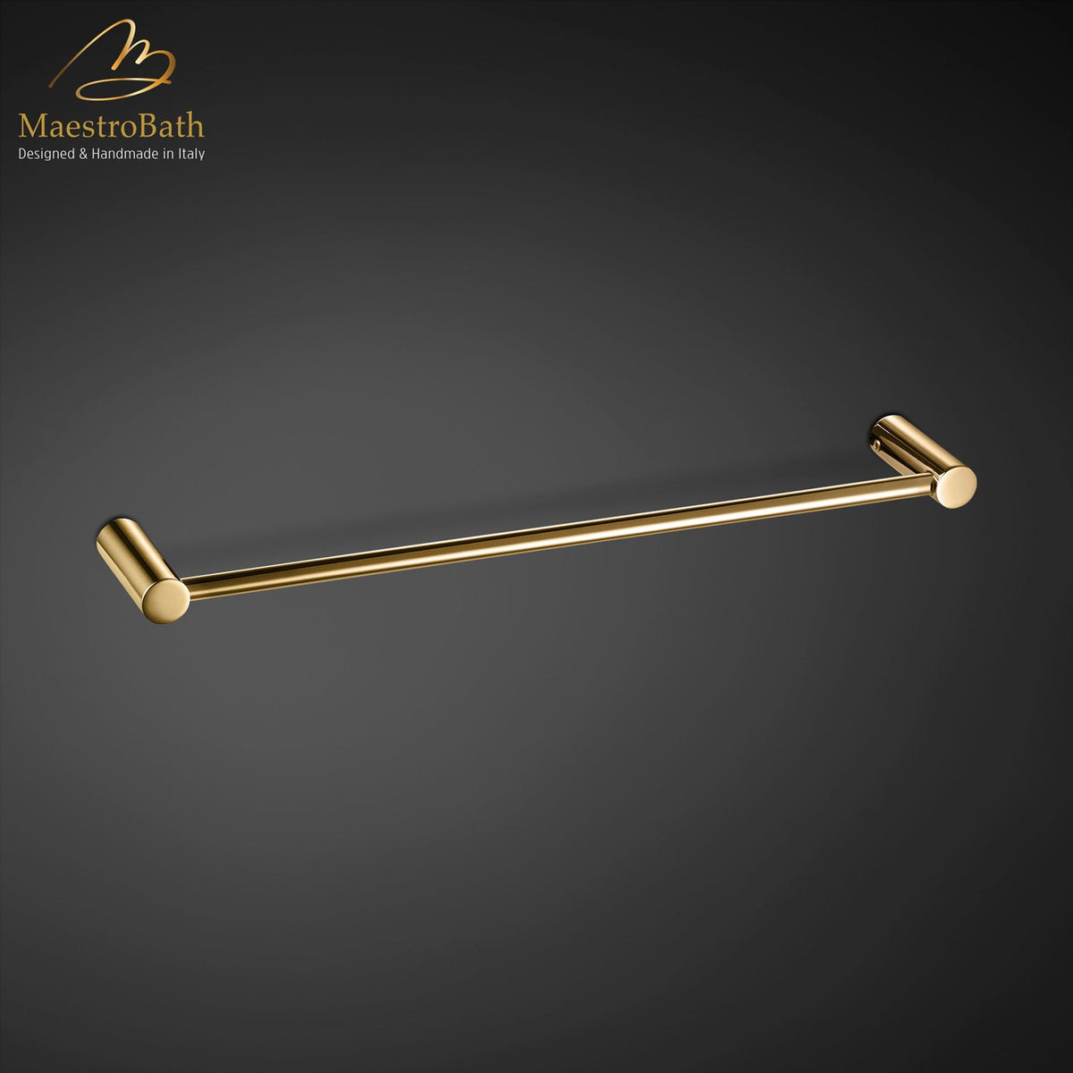 Wall mounted brass towel bar, shown in polished gold, 15 inch long and 2.3 inch deep, made of solid brass