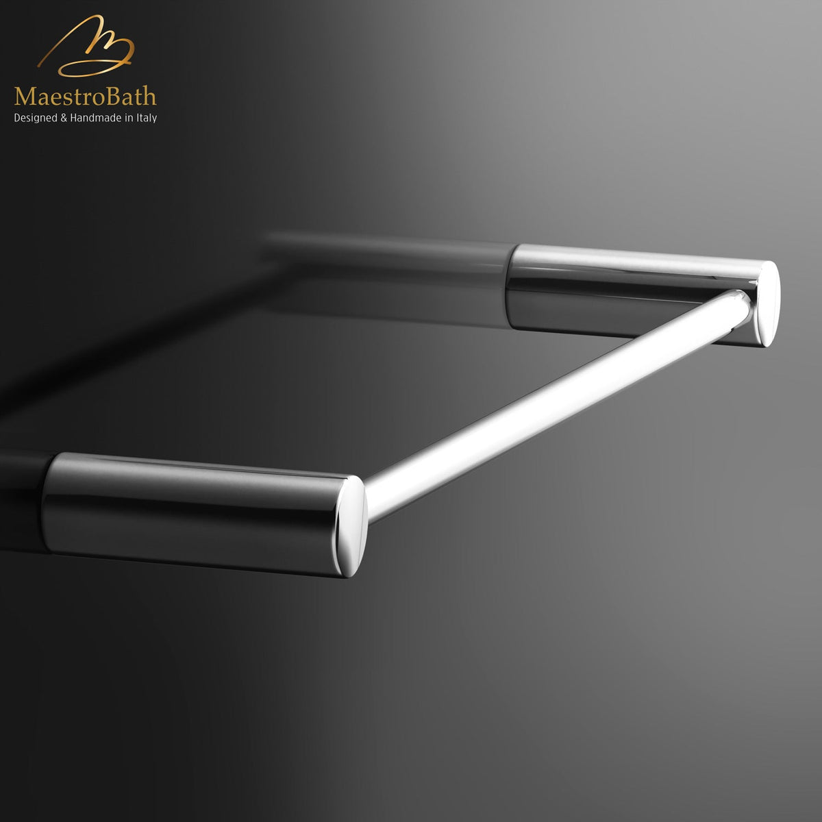Wall mounted brass towel bar, shown in polished chrome, 12 inch long and 2.3 inch deep, made of solid brass