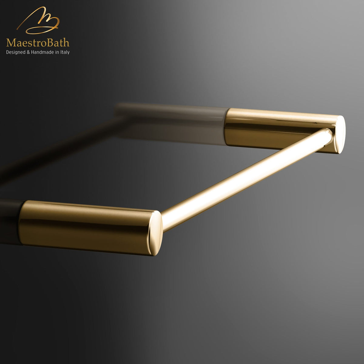 Wall mounted brass towel bar, shown in polished gold, 12 inch long and 2.3 inch deep, made of solid brass