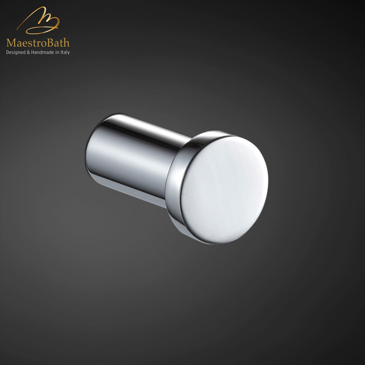 Wall mounted brass robe hook, shown in polished chrome, 1 inch by 1 inch by 1.6 inch, made of solid brass