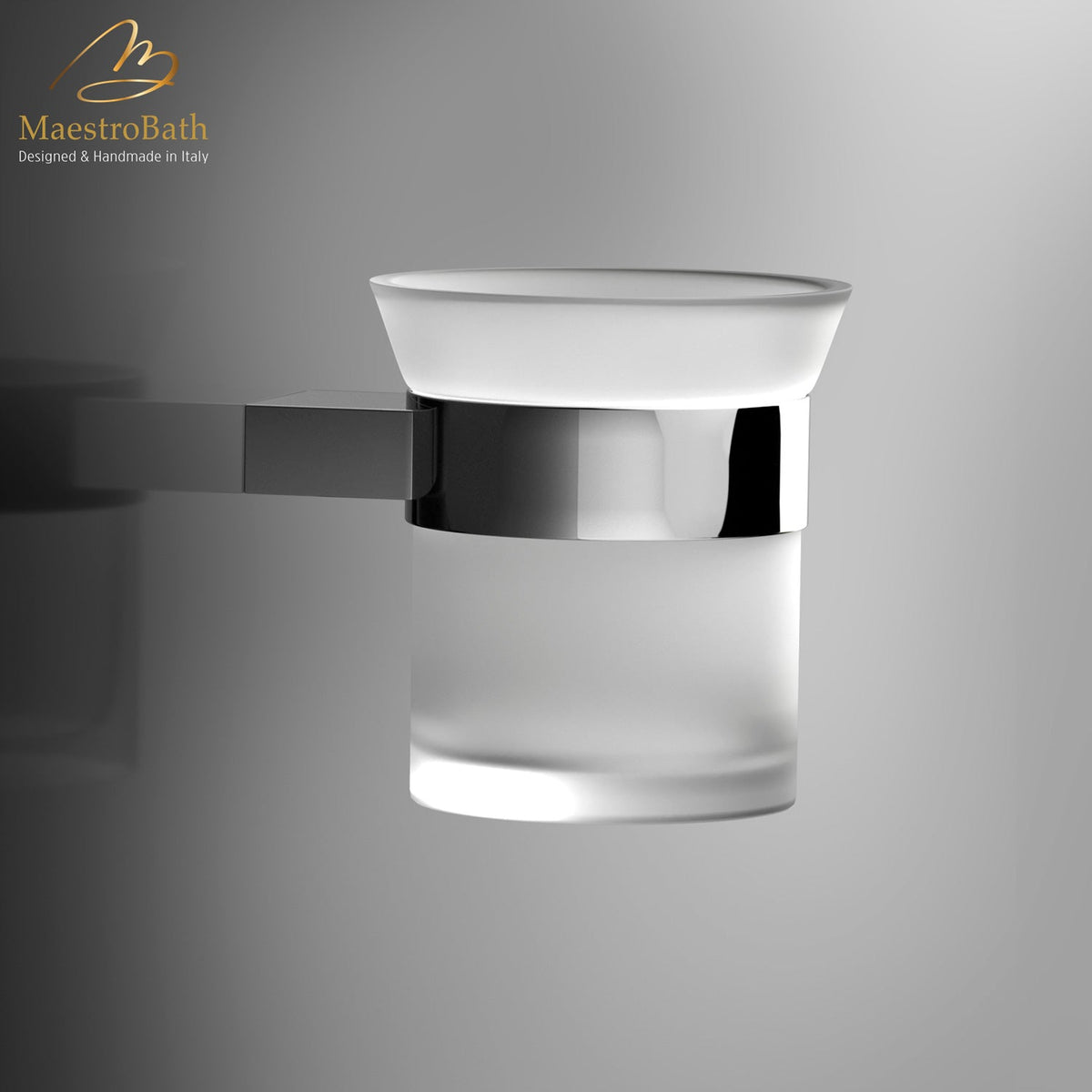 Wall mounted brass tumbler holder, shown in polished chrome, 3.3 inch by 3.1 inch by 4.3 inch, made of solid brass