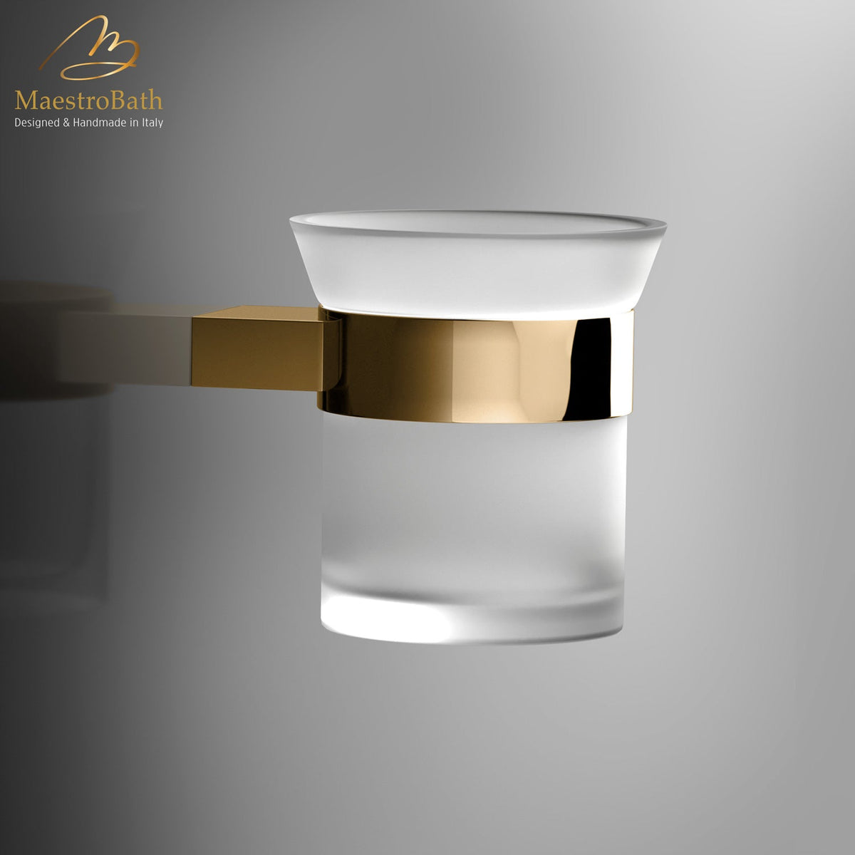 Wall mounted brass tumbler holder, shown in polished gold, 3.3 inch by 3.1 inch by 4.3 inch, made of solid brass