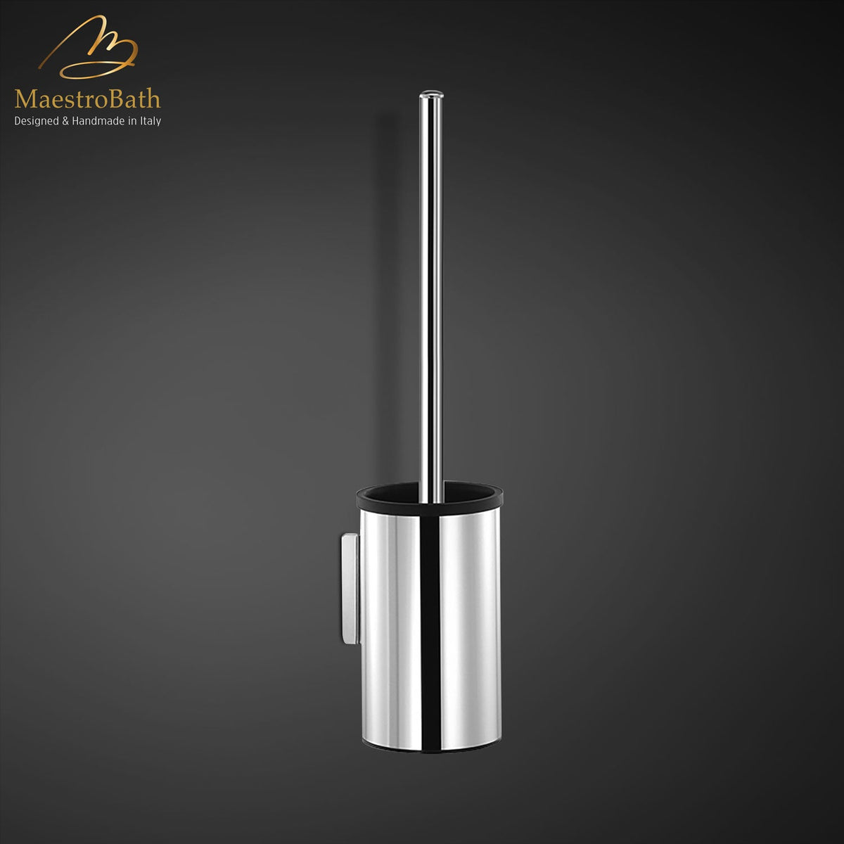 Brass toilet brush holder, shown in polished chrome, 12.6 inch by 2.7 inch by 3.7 inch, made of solid brass