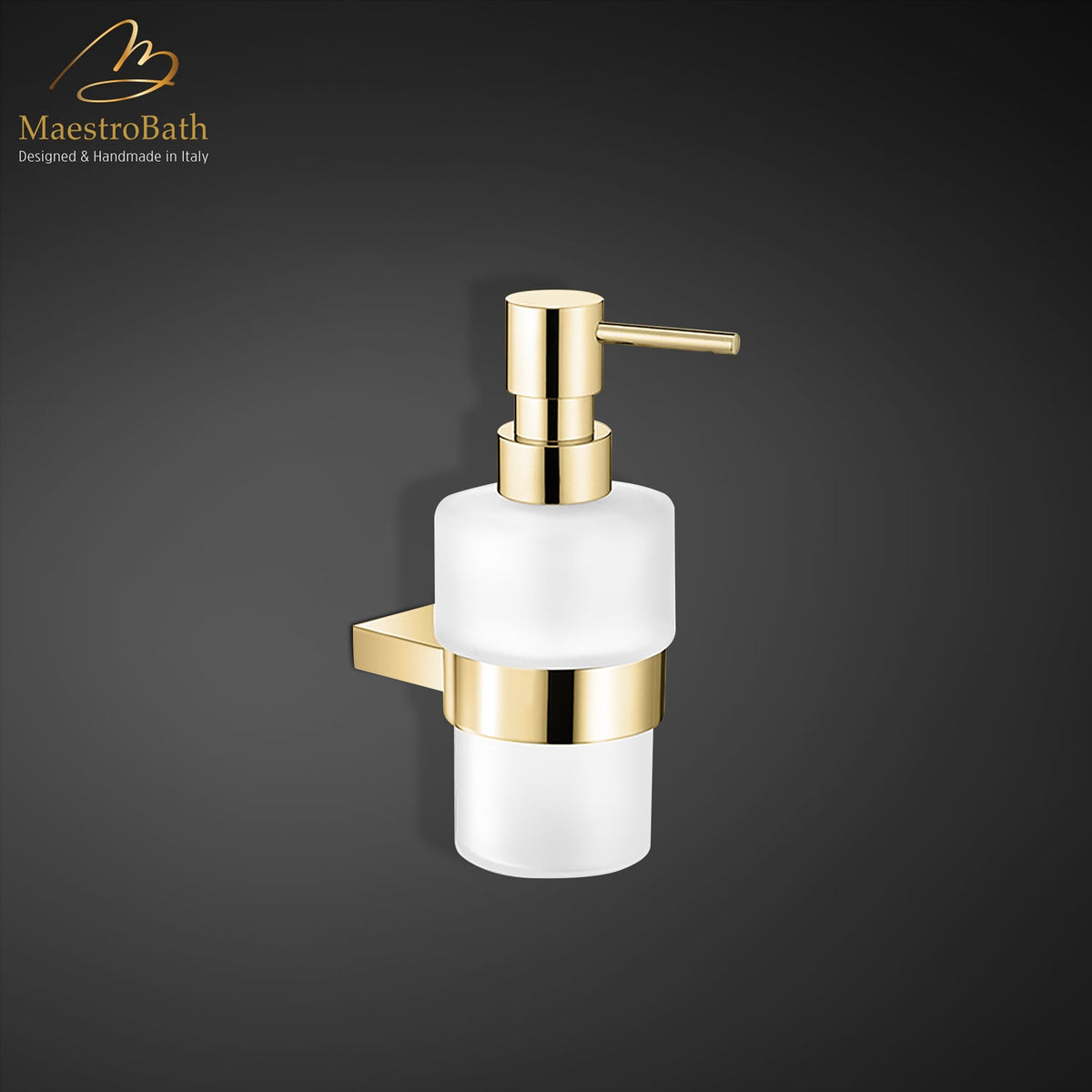 Brass soap dispenser, shown in polished gold, 6.1 inch by 2.7 inch by 4.1 inch, made of solid brass