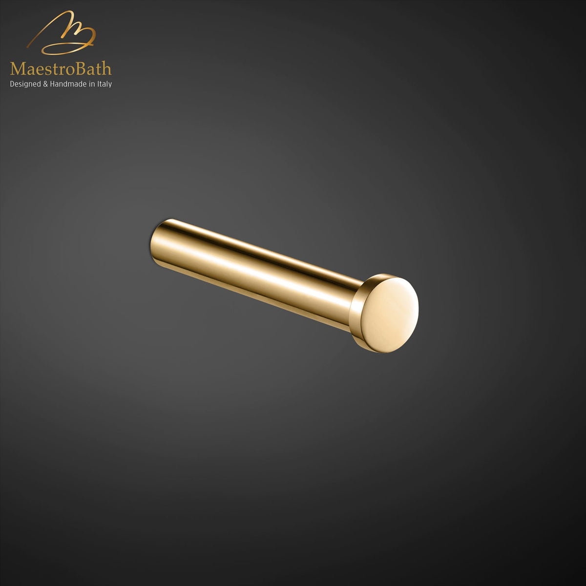 Wall mounted brass toilet paper holder, shown in polished gold, 1 inch by 1 inch by 4.5 inch, made of solid brass