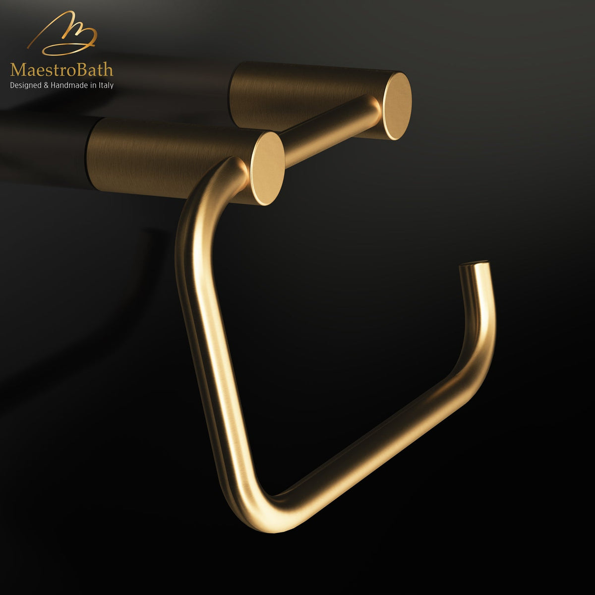 Wall mounted brass toilet paper holder, shown in brushed gold, 6.6 inch by 4 inch by 2 inch, made of solid brass