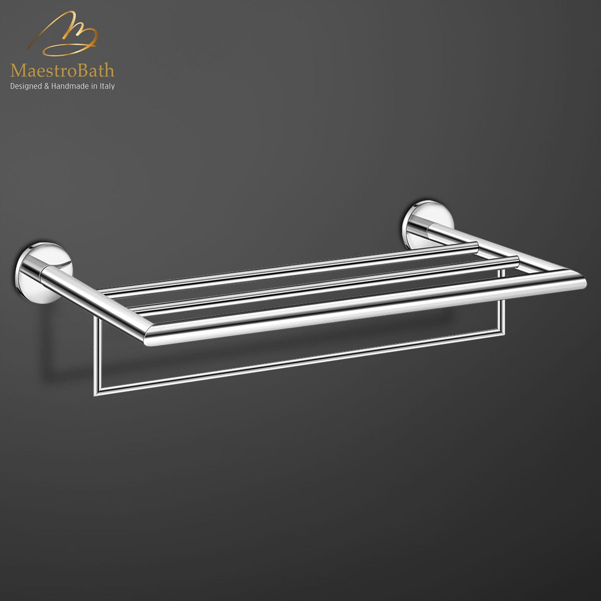 Wall mounted brass towel bar, shown in polished chrome, 19.6 inch long and 3.5 inch deep, made of solid brass