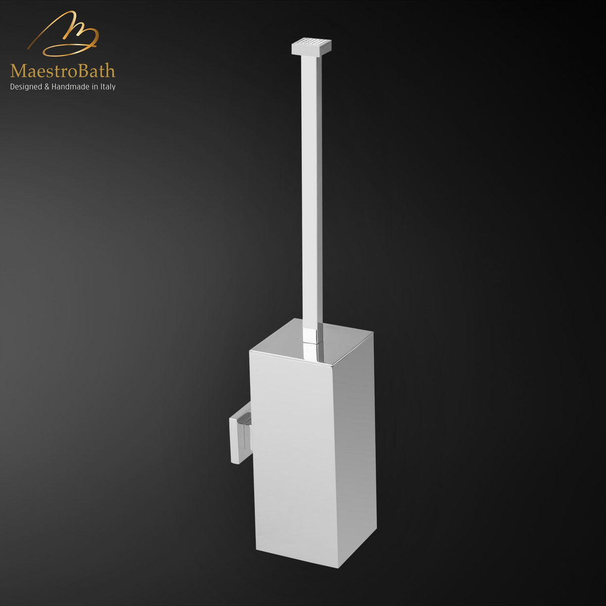 Skip Diamond Brush Holder, shown in polished chrome, 2.7 inch by 2.7 inch by 15.7 inch
