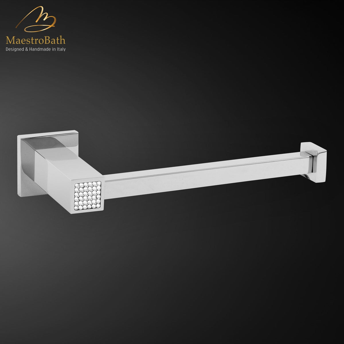 Wall mounted brass toilet paper holder, shown in polished chrome, 1.5 inch by 1.5 inch by 7.9 inch