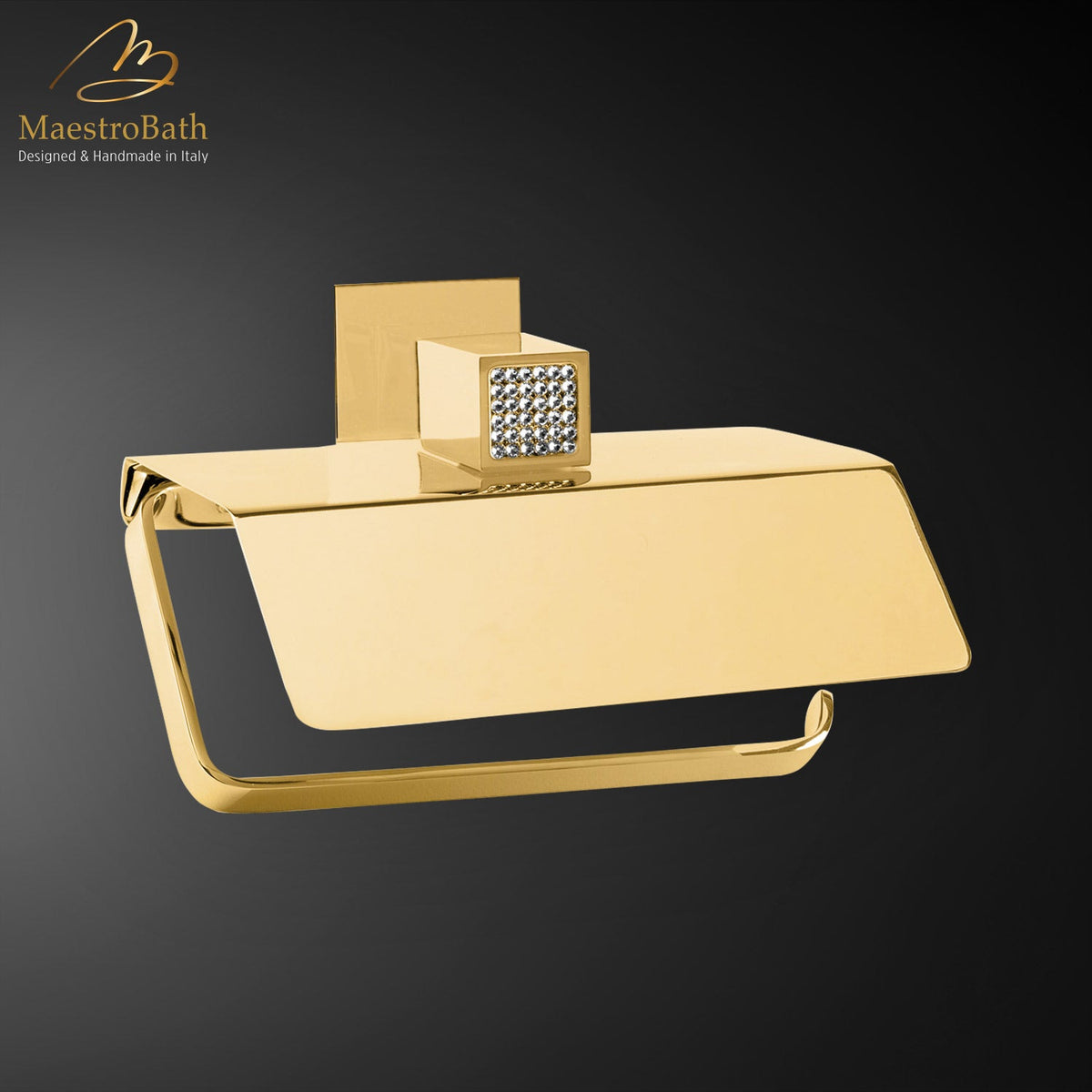 Wall mounted brass toilet paper holder, shown in polished gold, 5.1 inch by 3.7 inch by 4.7 inch