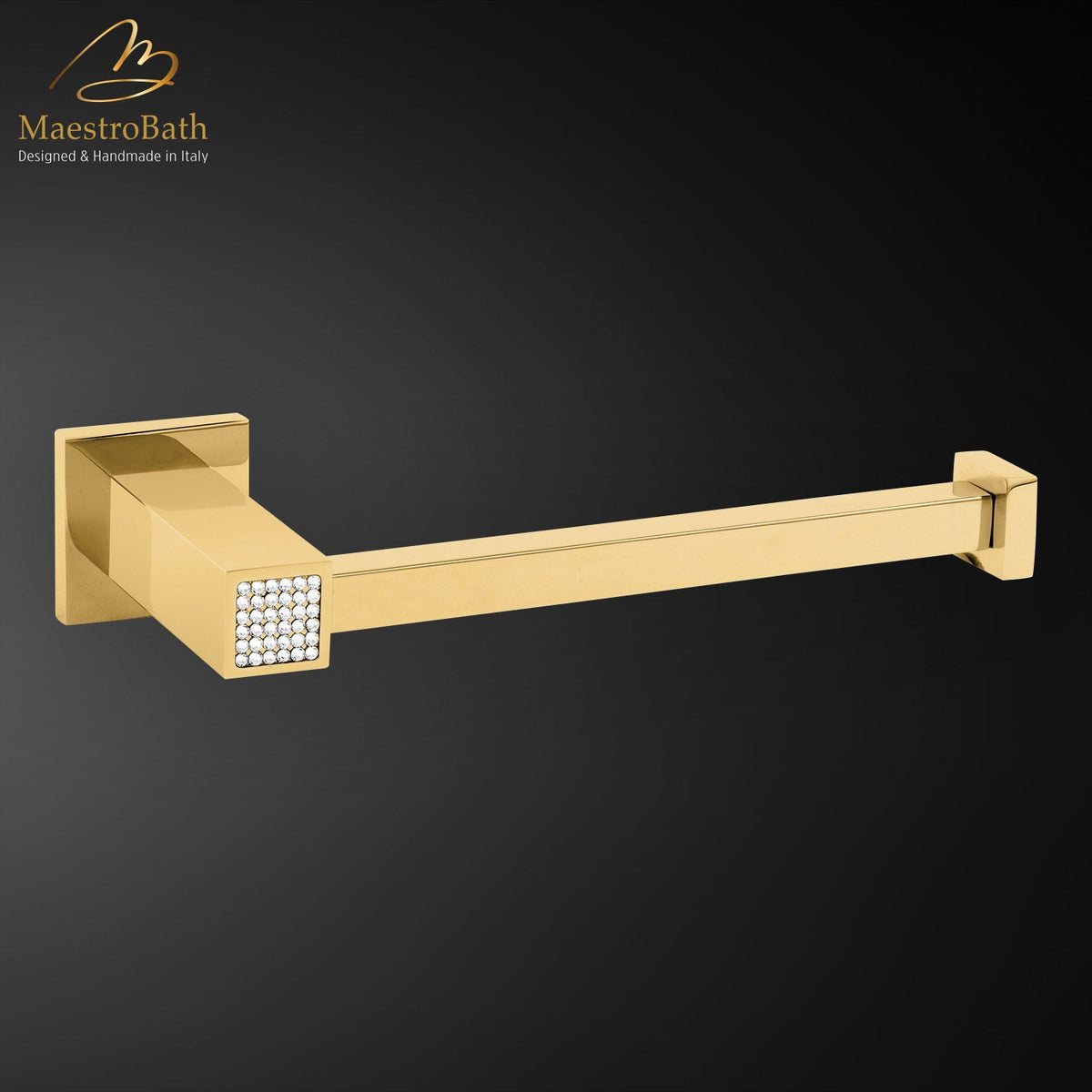 Wall mounted brass toilet paper holder, shown in polished gold, 1.5 inch by 1.5 inch by 7.5 inch, made of solid brass