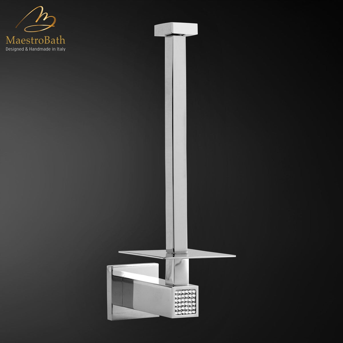Wall mounted brass toilet paper holder, shown in polished chrome, 1.5 inch by 1.5 inch by 8.1 inch