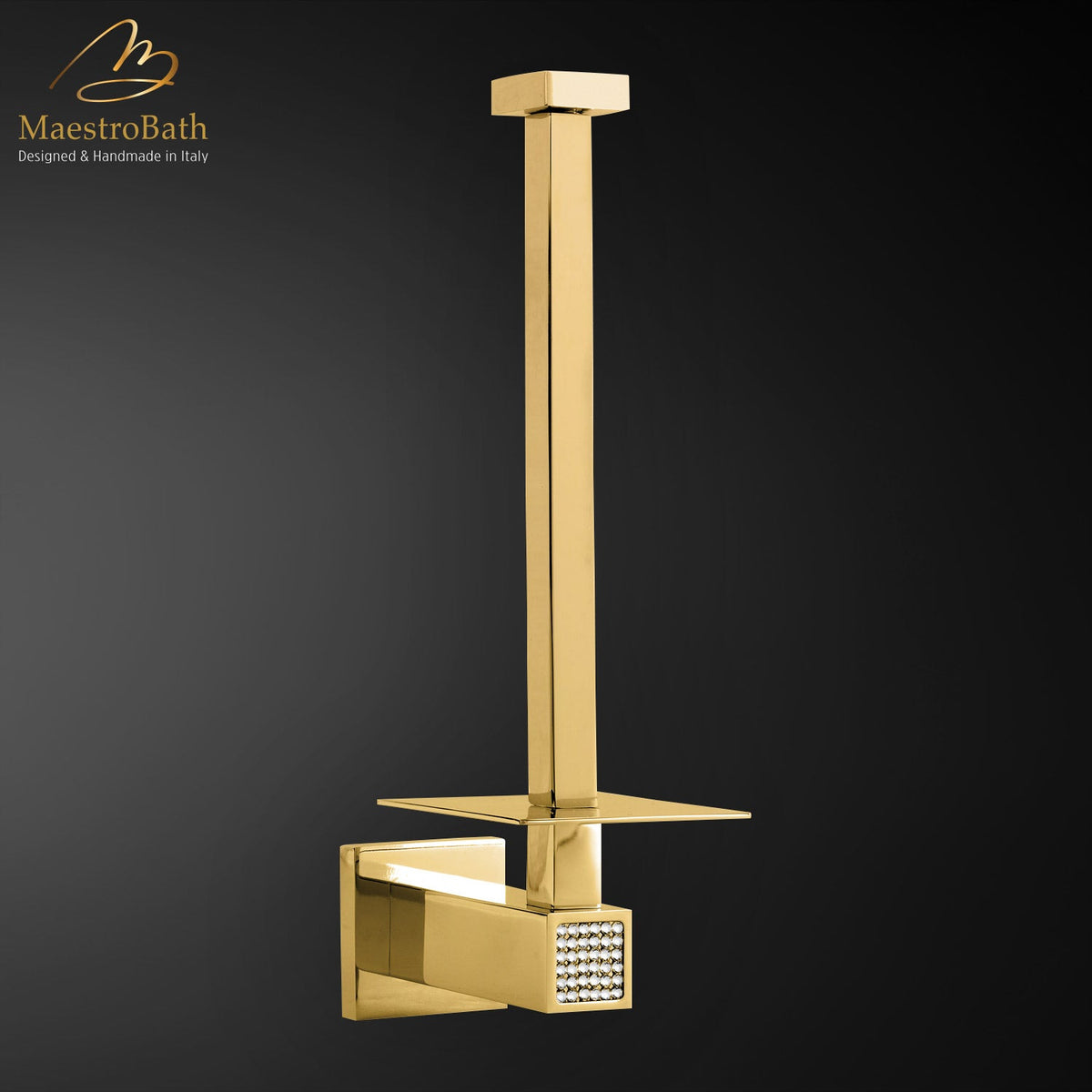 Wall mounted brass toilet paper holder, shown in polished gold, 1.5 inch by 1.5 inch by 8.1 inch