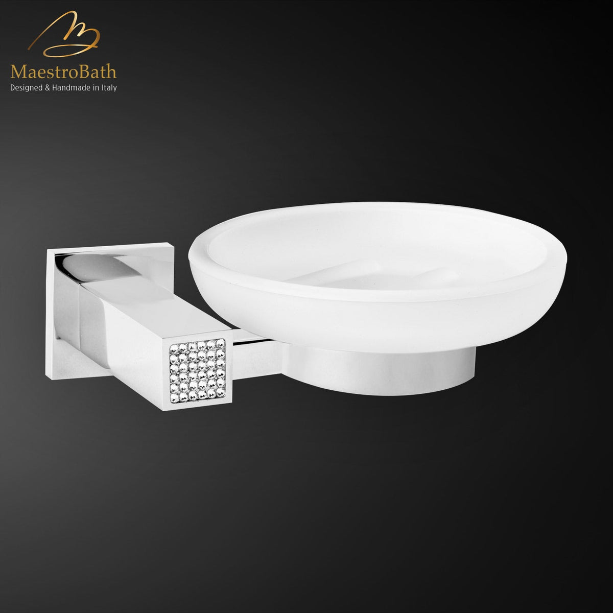 Brass soap dish, shown in polished chrome, 1.5 inch by 1.5 inch by 4.5 inch, made of solid brass