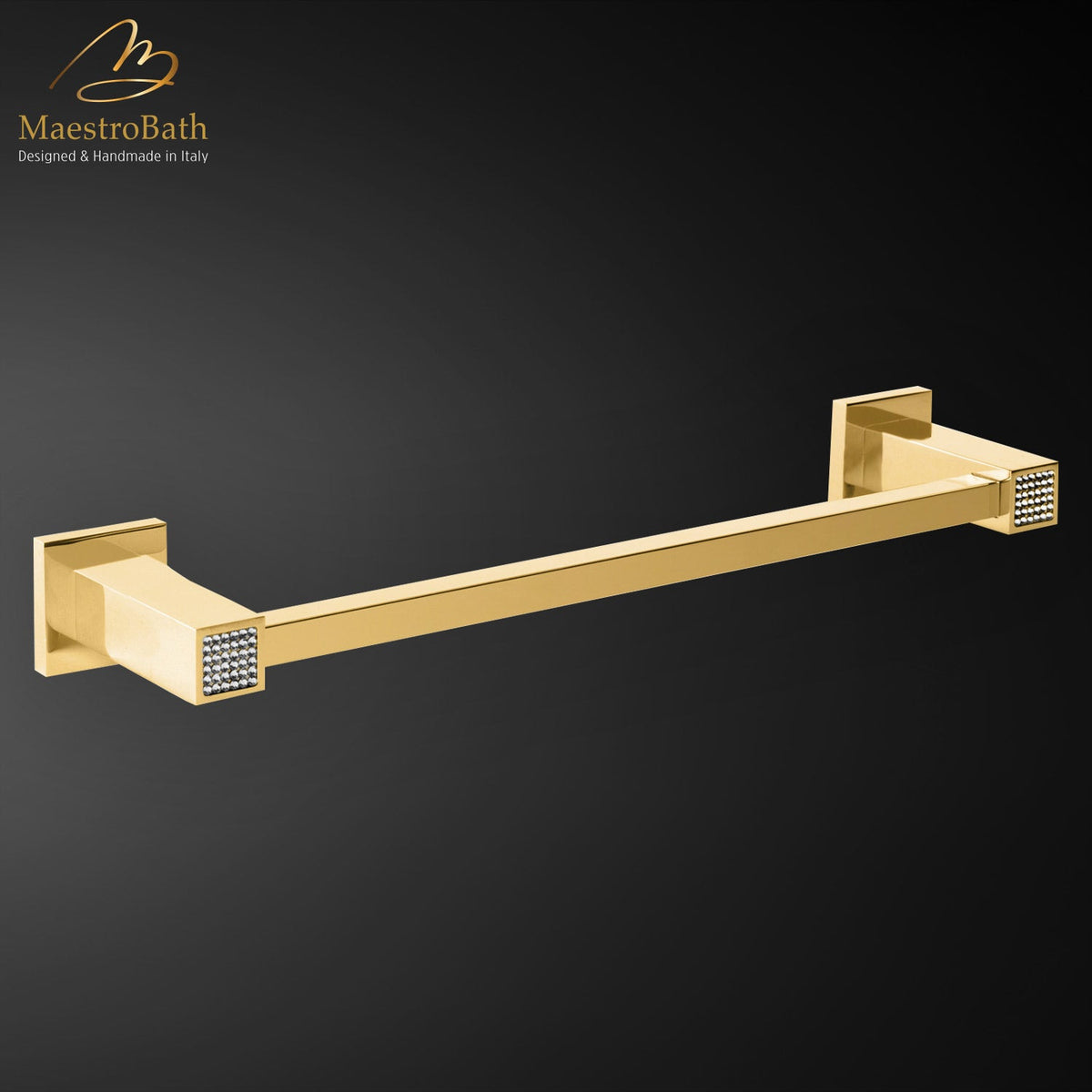 Wall mounted brass towel bar, shown in polished gold, 23.6 inch long and 2.8 inch deep, made of solid brass