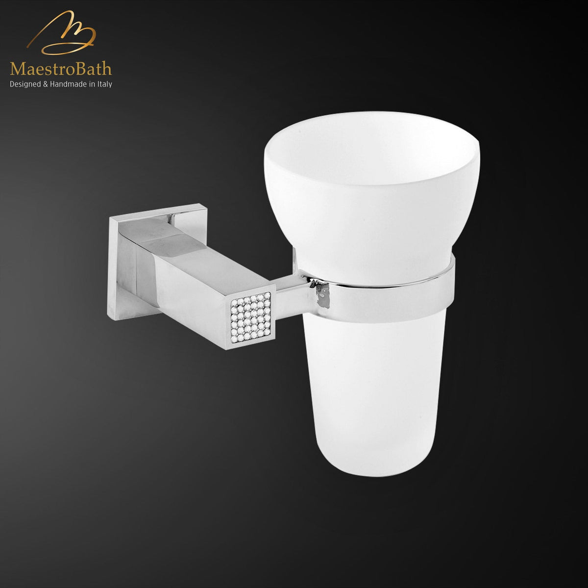 Wall mounted brass tumbler holder, shown in polished chrome, 3.5 inch by 2.8 inch by 4.7 inch