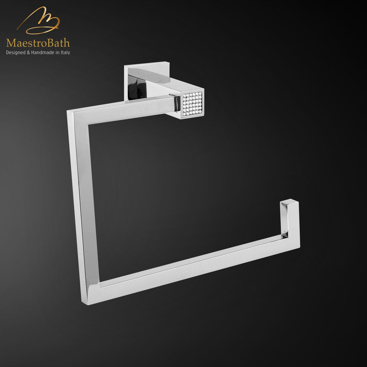 Wall mounted brass towel ring, shown in polished chrome, 7.8 inch by 2.8 inch by 5.9 inch