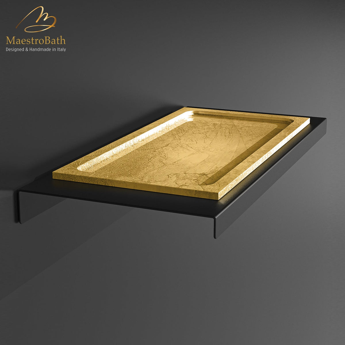 Steel and glass wall mount bathroom shelf, shown in gold leaf and black, 11.8 inch by 5.5 inch