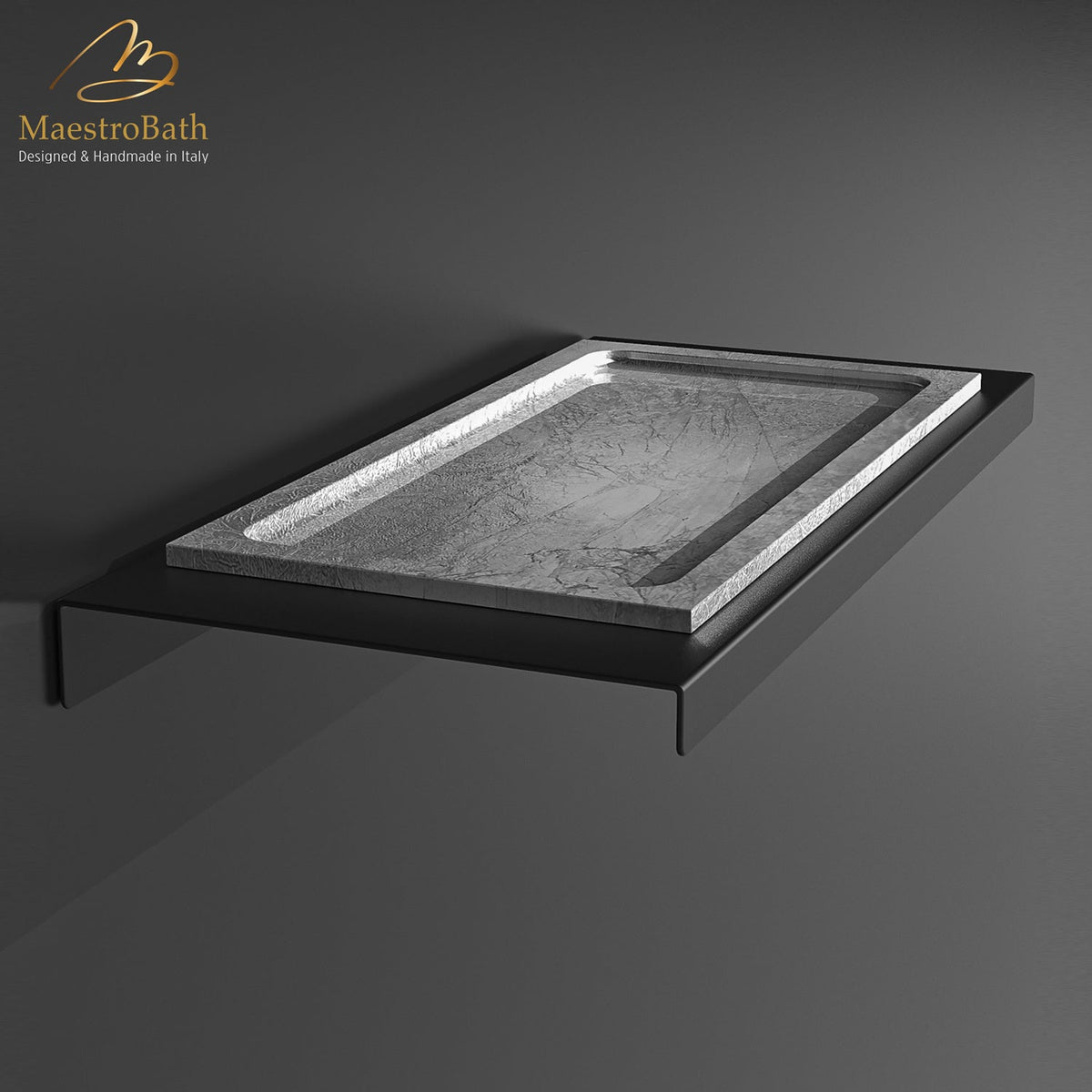 Steel and glass wall mount bathroom shelf, shown in silver leaf and black, 11.8 inch by 5.5 inch