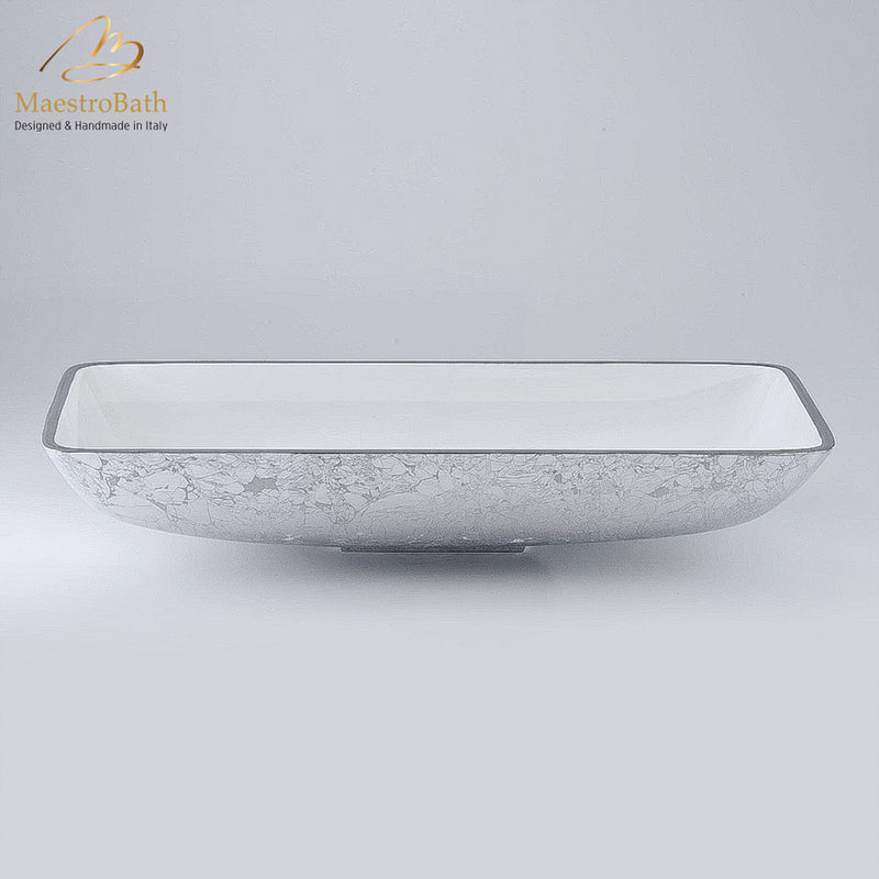 Italian Handcrafted Modern Contemporary Rectangular Bath Basin White and Silver