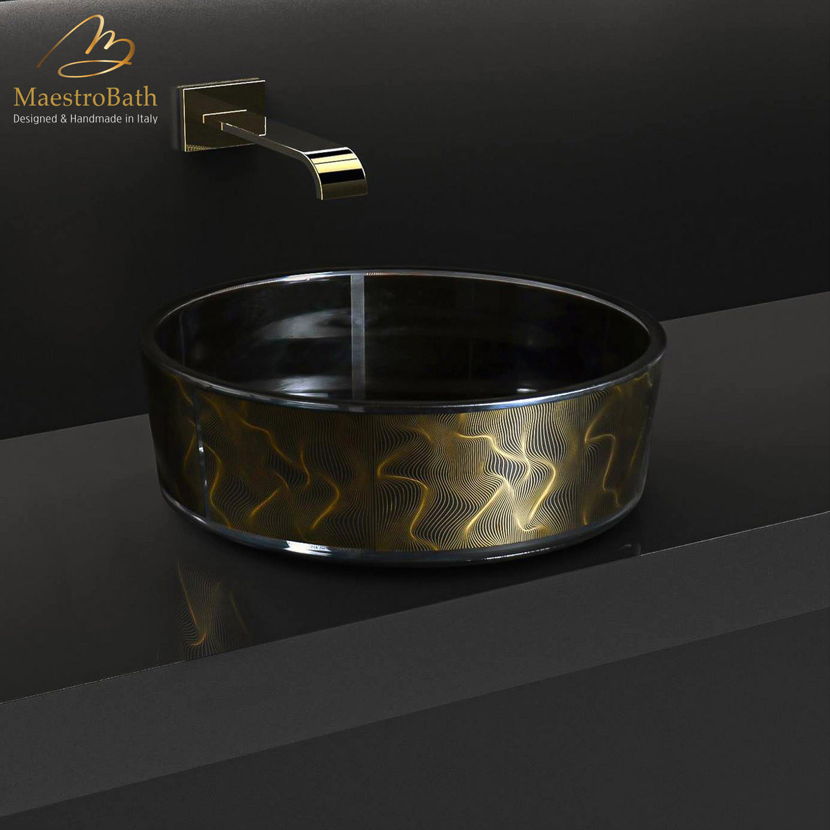 Atelier Vento Modern Bathroom Sink Black Gold, shown in black and gold, 15.7 inch by 15.7 inch with a 5.7 inch basin depth