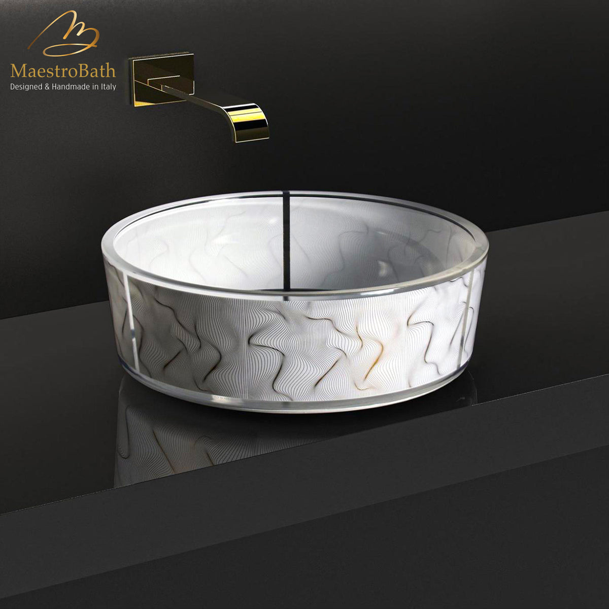 Atelier Vento Modern Bathroom Sink White Gold, shown in white and gold, 15.7 inch by 15.7 inch with a 5.7 inch basin depth