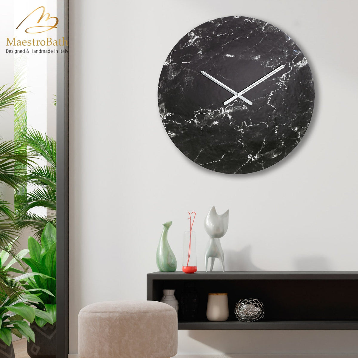 Circular Marble Wall Clock, shown in black, 22.8 inch