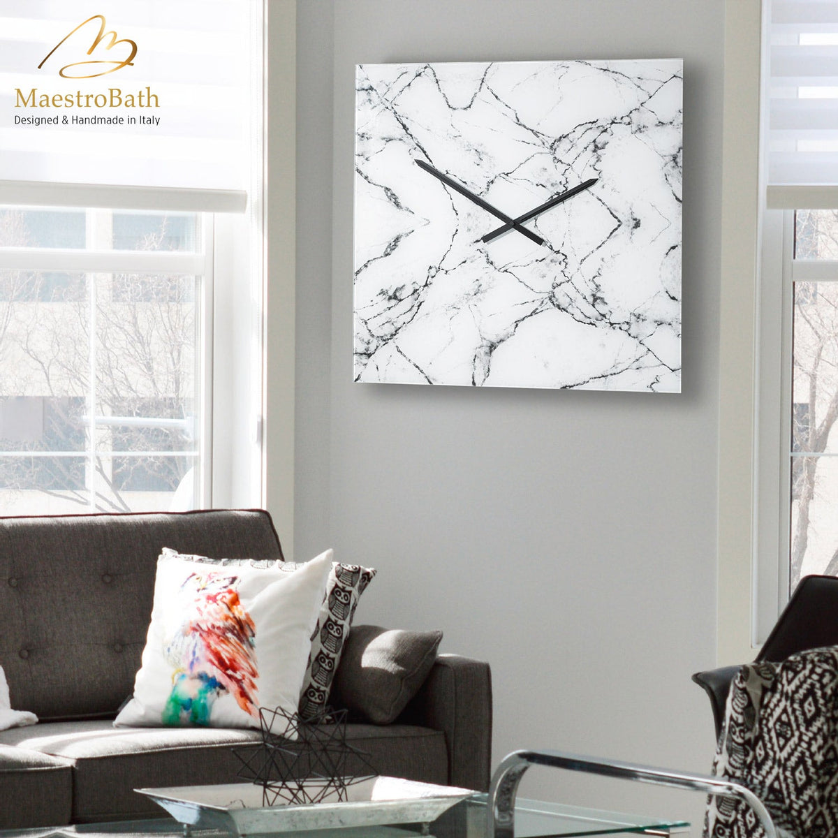 Square marble wall clock, shown in white, 22.8 inch