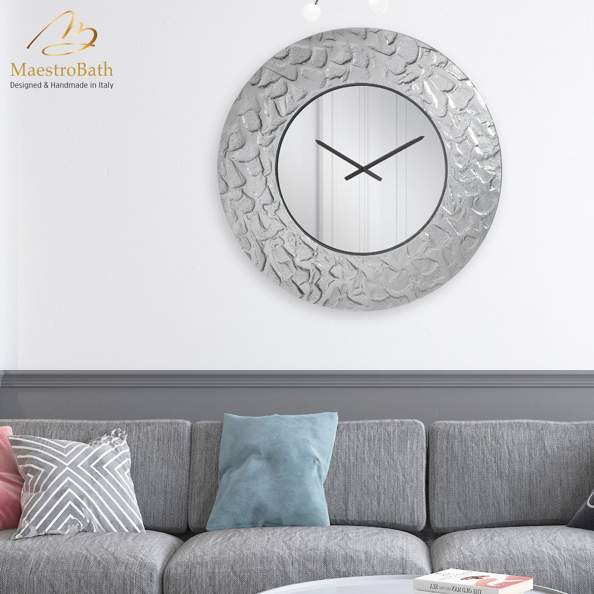 Round mirror glass wall clock, shown in silver, 33.4 inch, made of mirrored glass