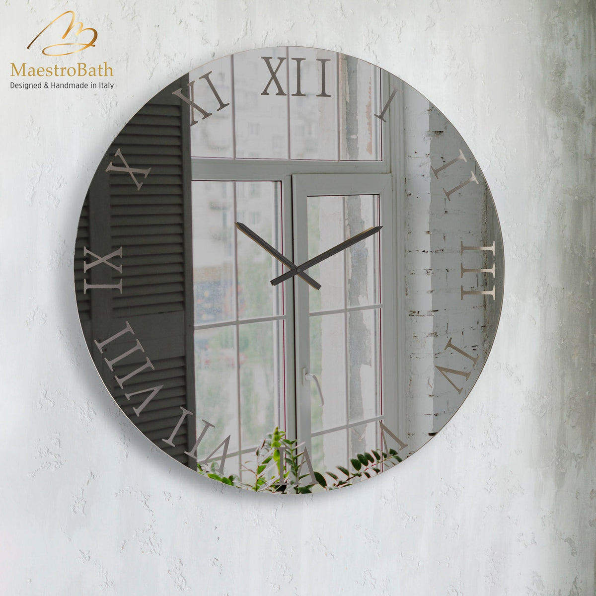 Round mirror glass wall clock, shown in black, 35.4 inch, made of mirrored glass