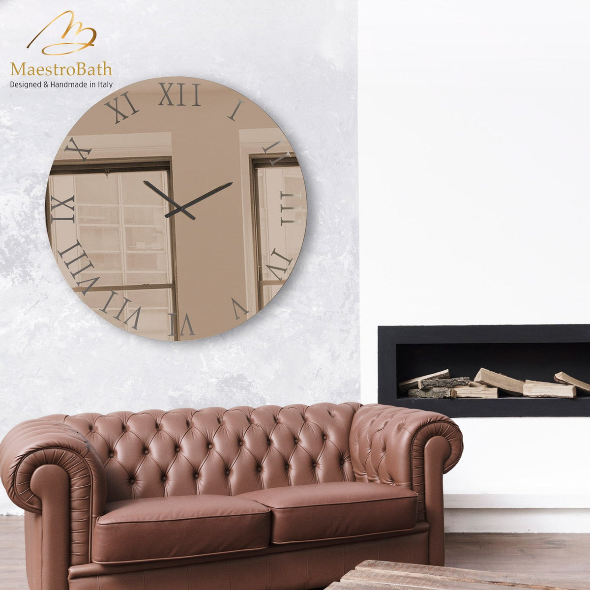 Round mirror glass wall clock, shown in bronze, 35.4 inch, made of mirrored glass