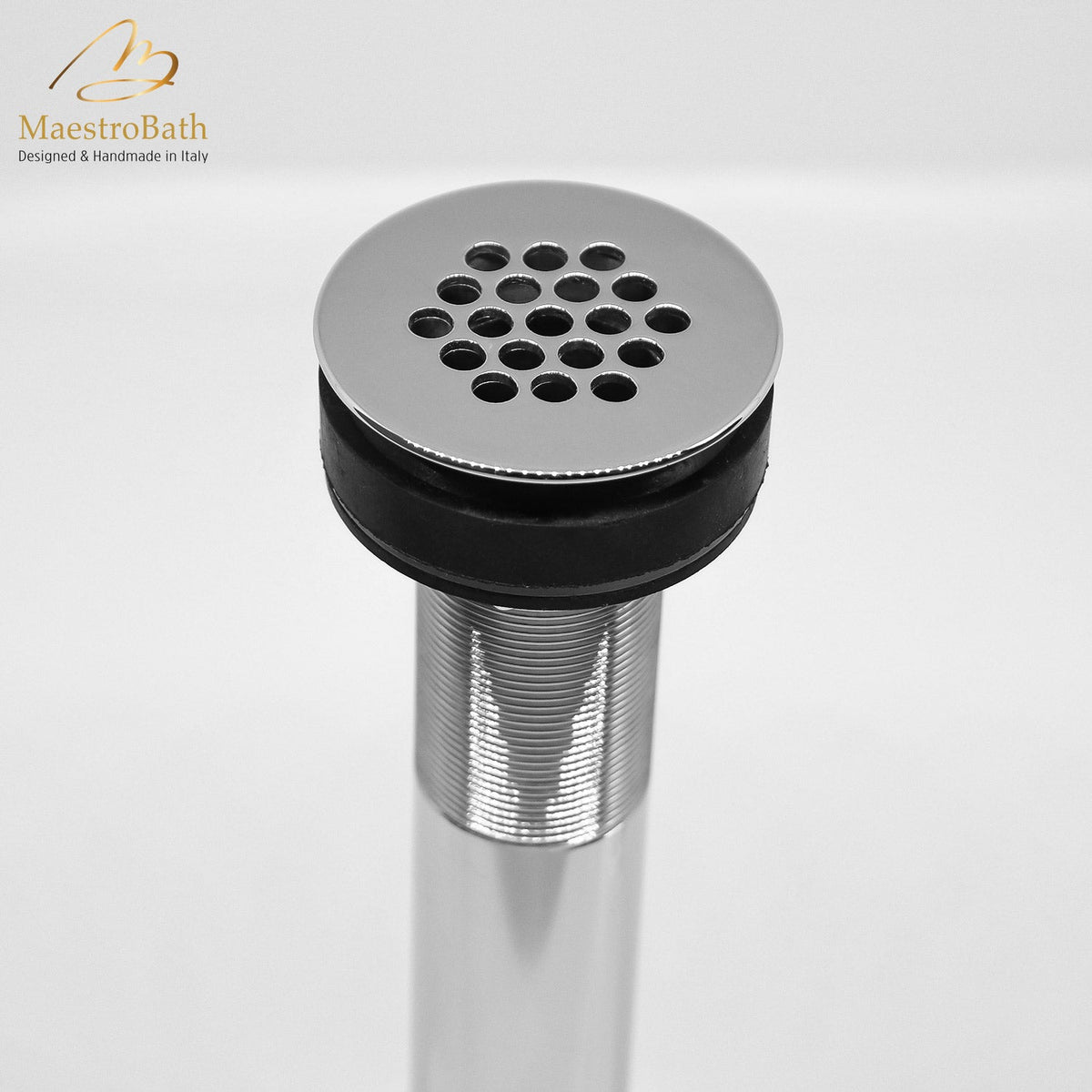 Brass vessel sink drain, shown in chrome, 2.1 inch across and 8 inch deep, made of lead-free brass