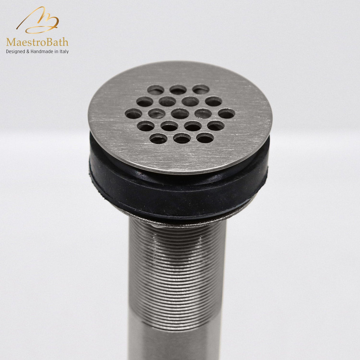 Brass vessel sink drain, shown in stainless steel, 2.1 inch across and 8 inch deep, made of lead-free brass