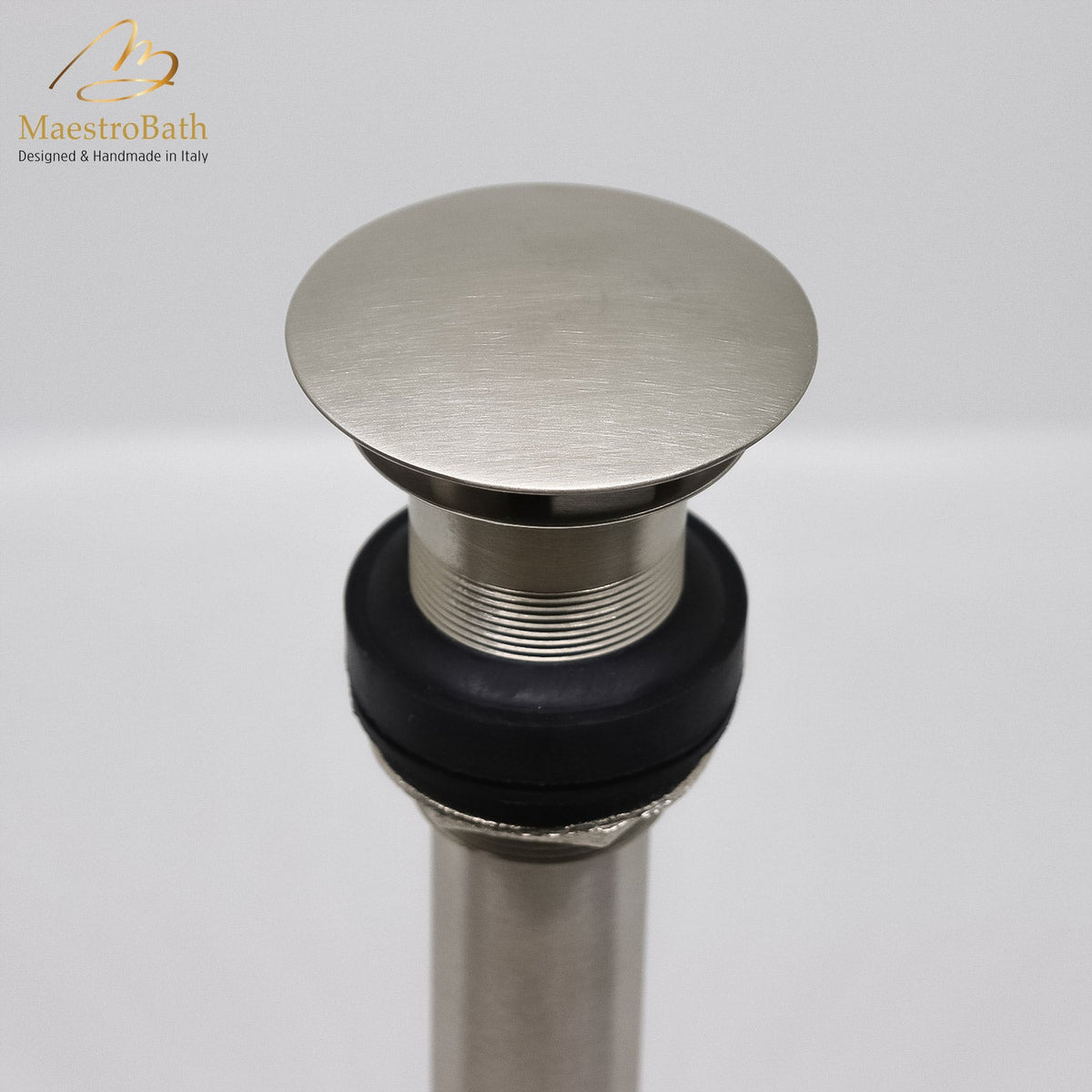 Brass vessel sink drain, shown in brushed nickel, 2.3 inch across and 9.3 inch deep, made of lead-free brass