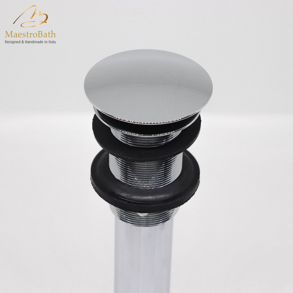 Brass vessel sink drain, shown in polished chrome, 2.3 inch across and 9.3 inch deep, made of lead-free brass
