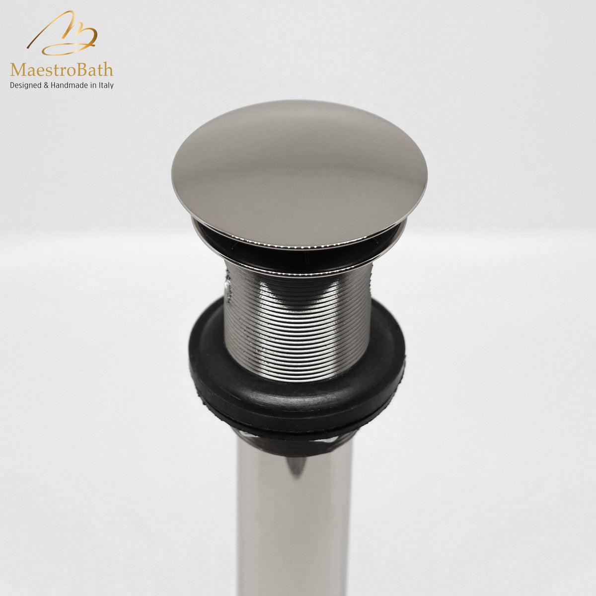 Brass vessel sink drain, shown in polished nickel, 2.3 inch across and 9.3 inch deep, made of lead-free brass