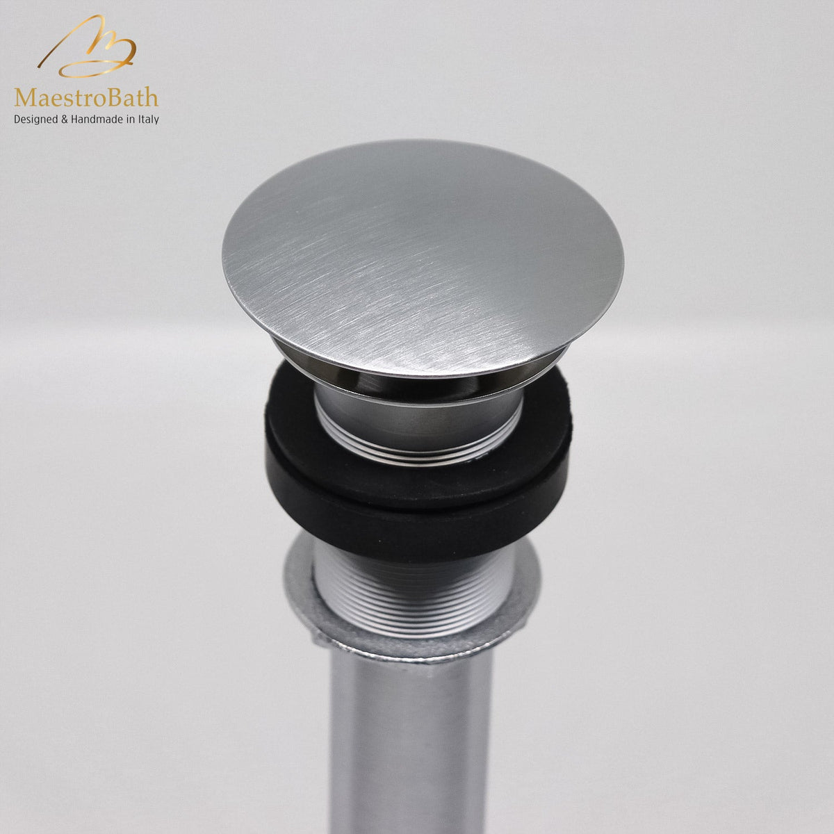 Brass vessel sink drain, shown in satin chrome, 2.3 inch across and 9.3 inch deep, made of lead-free brass