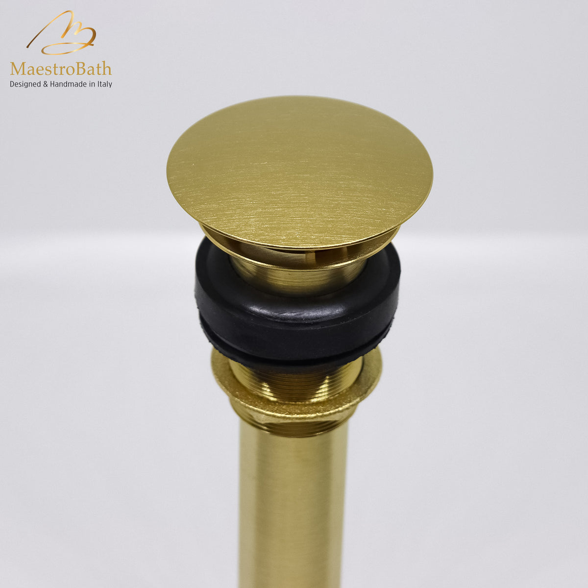 Brass vessel sink drain, shown in brushed gold, 2.3 inch across and 9.3 inch deep, made of lead-free brass