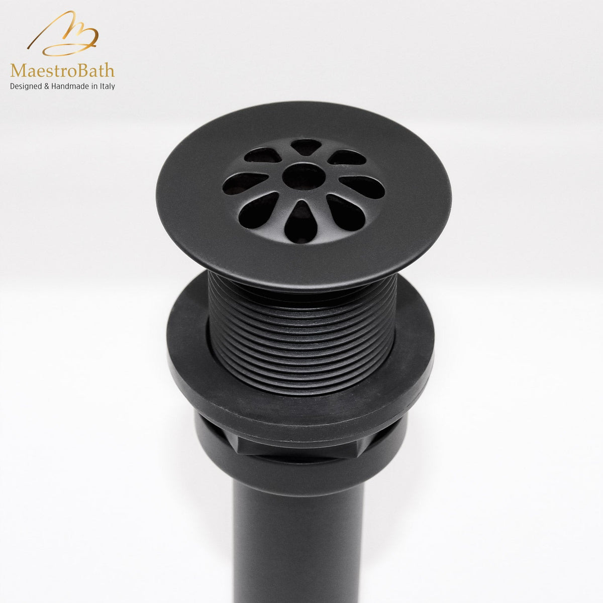 Brass vessel sink drain, shown in black, 2.1 inch across and 8.3 inch deep, made of lead-free brass