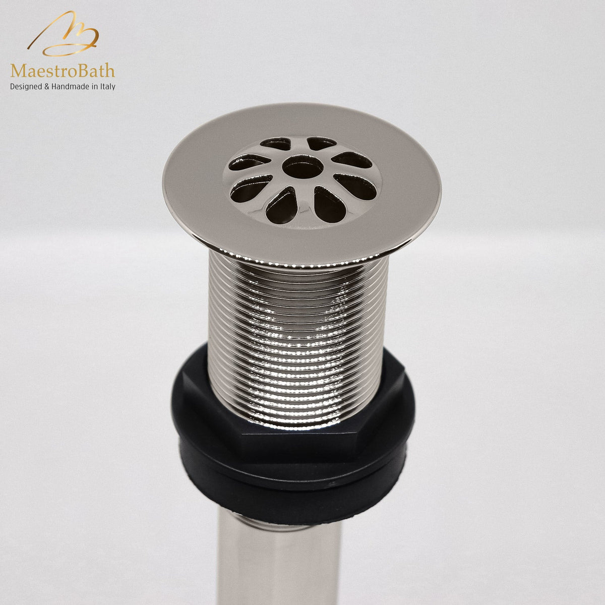 Brass vessel sink drain, shown in stainless steel, 2.1 inch across and 8.3 inch deep, made of lead-free brass
