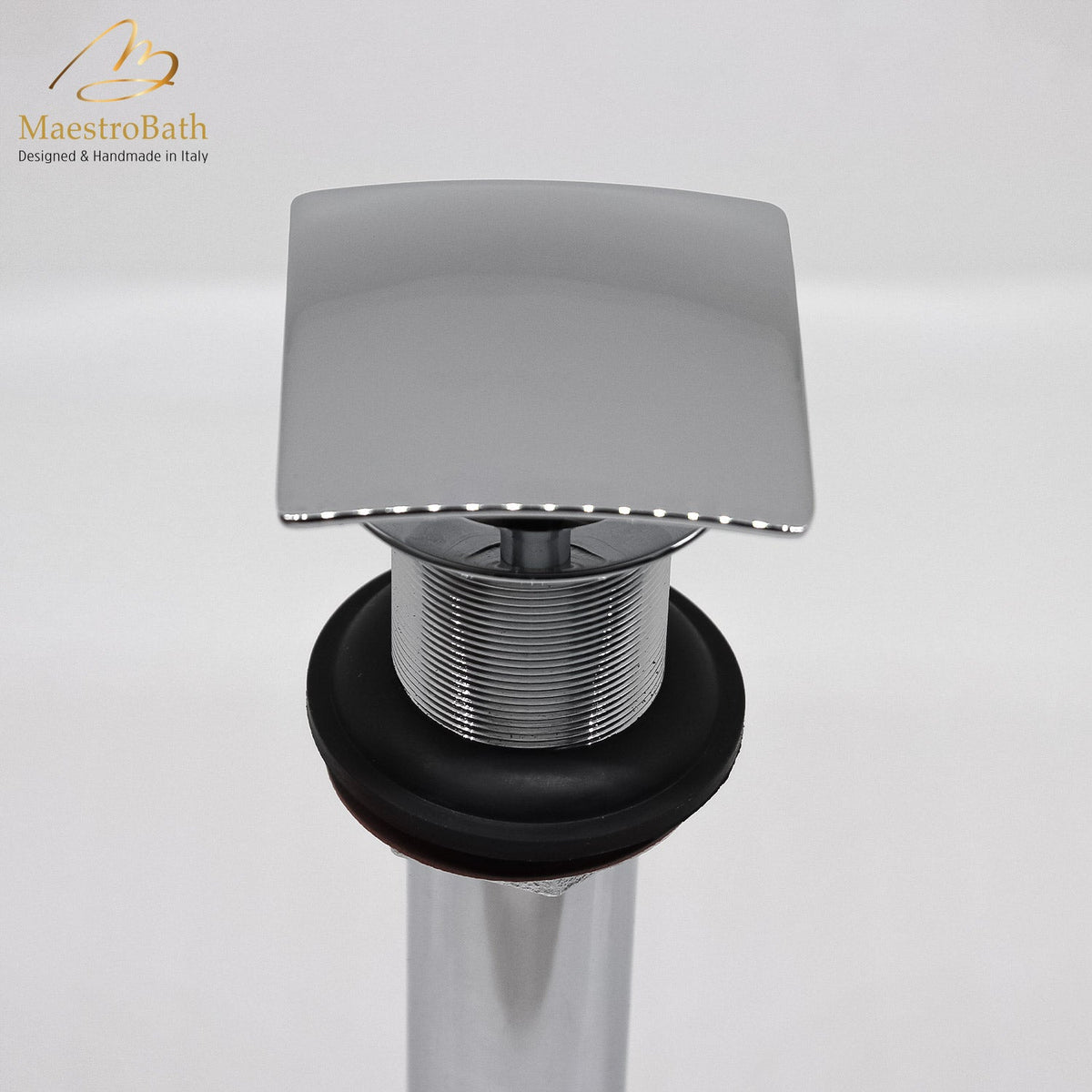 Square brass vessel sink drain, shown in polished chrome, 2.5 inch across and 6 inch deep, made of lead-free brass