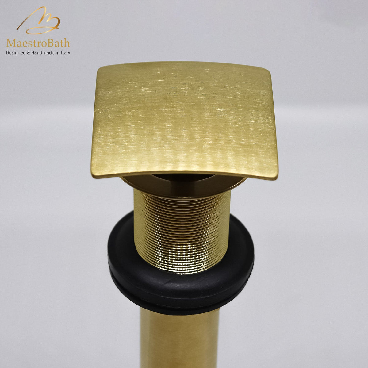 Square brass vessel sink drain, shown in satin gold, 2.5 inch across and 6 inch deep, made of lead-free brass