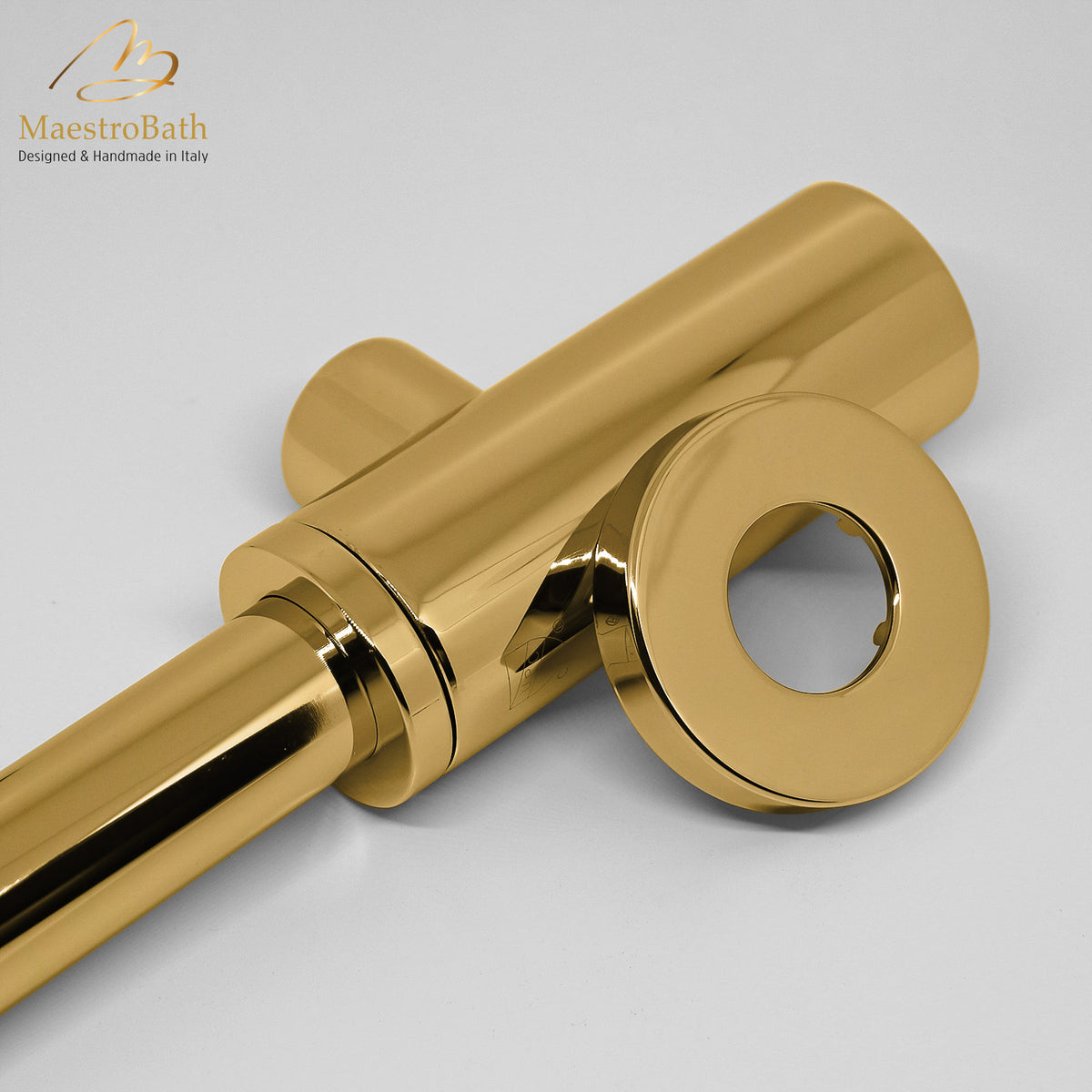 Cylindrical brass trap and flange kit, shown in polished brass, 1.7 inch across and 18.5 inch deep, made of lead-free brass