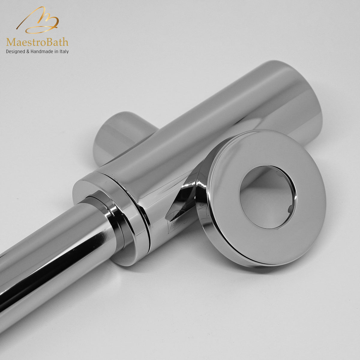 Cylindrical brass trap and flange kit, shown in polished chrome, 1.7 inch across and 18.5 inch deep, made of lead-free brass