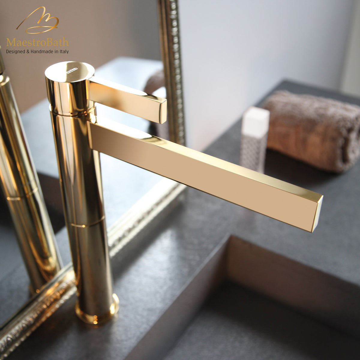 Deck mounted brass single hole bathroom faucet, shown in polished gold, 12.4 inch spout height and a 9.4 inch spout reach #color_polished gold
