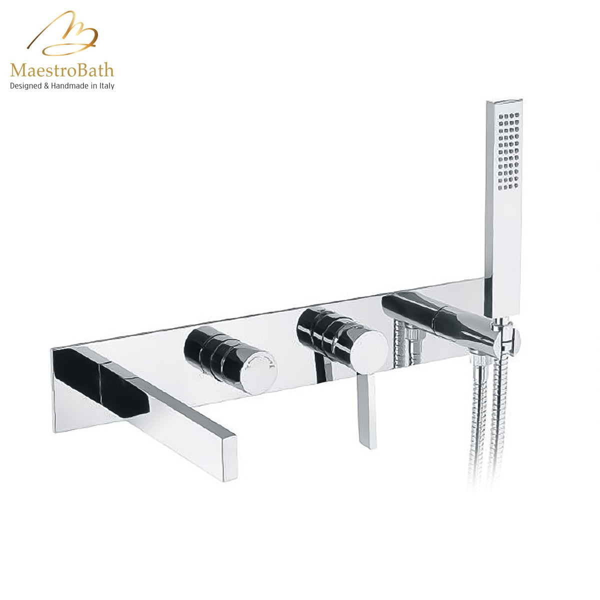 Brass tub filler, shown in polished chrome, 15.7 inch by 5.1 inch by 8.6 inch, made of lead-free brass