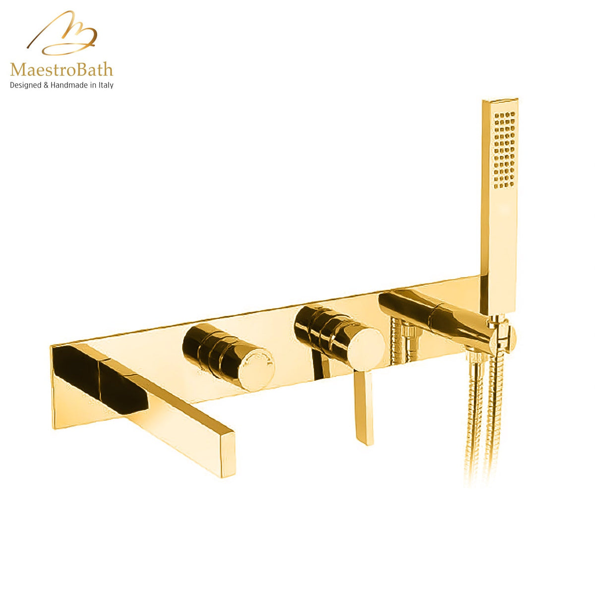 Brass tub filler, shown in polished gold, 15.7 inch by 5.1 inch by 8.6 inch, made of lead-free brass