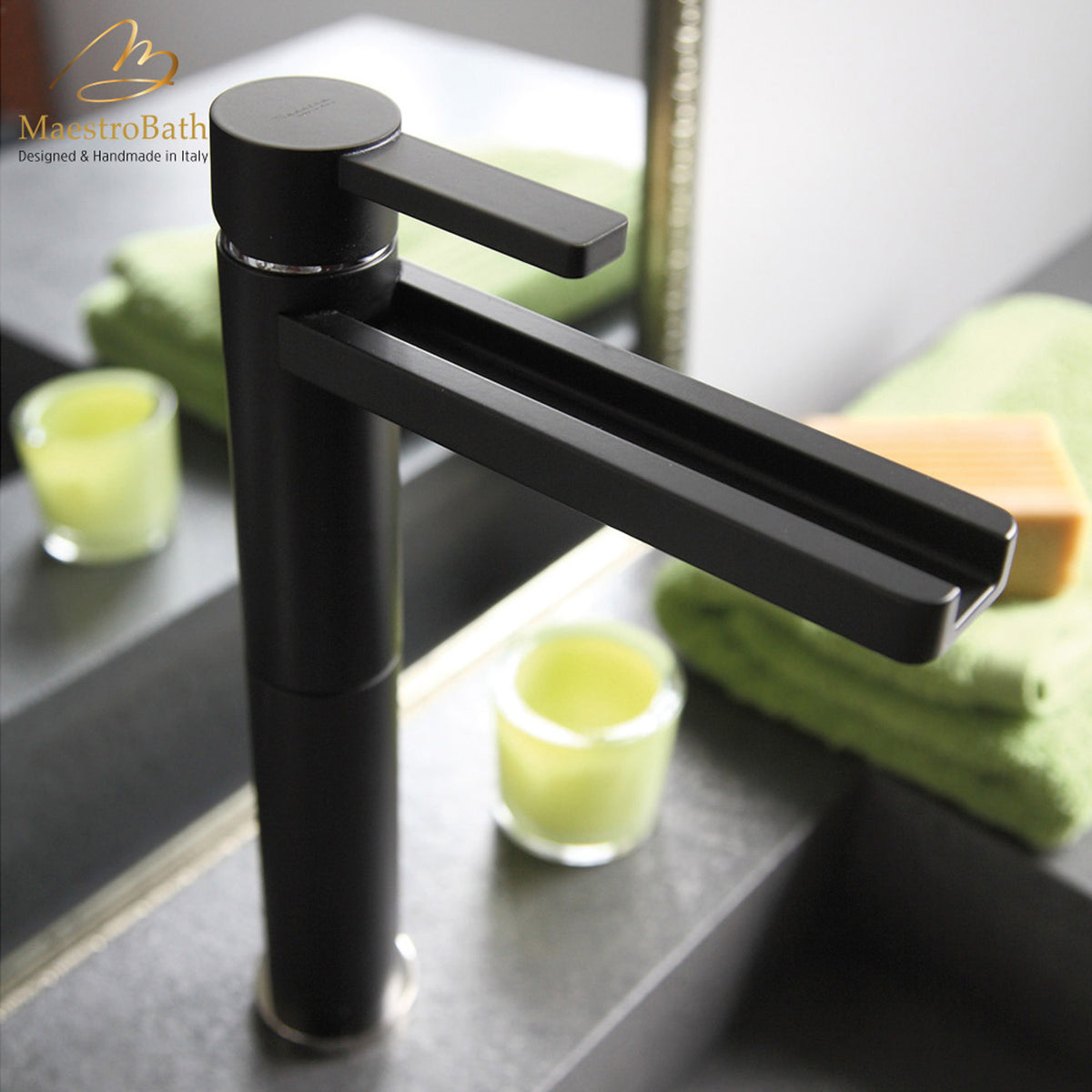 Deck mounted brass single hole bathroom faucet, 12.3 inch spout height and a 7.6 inch spout reach, made of lead-free brass #color_black
